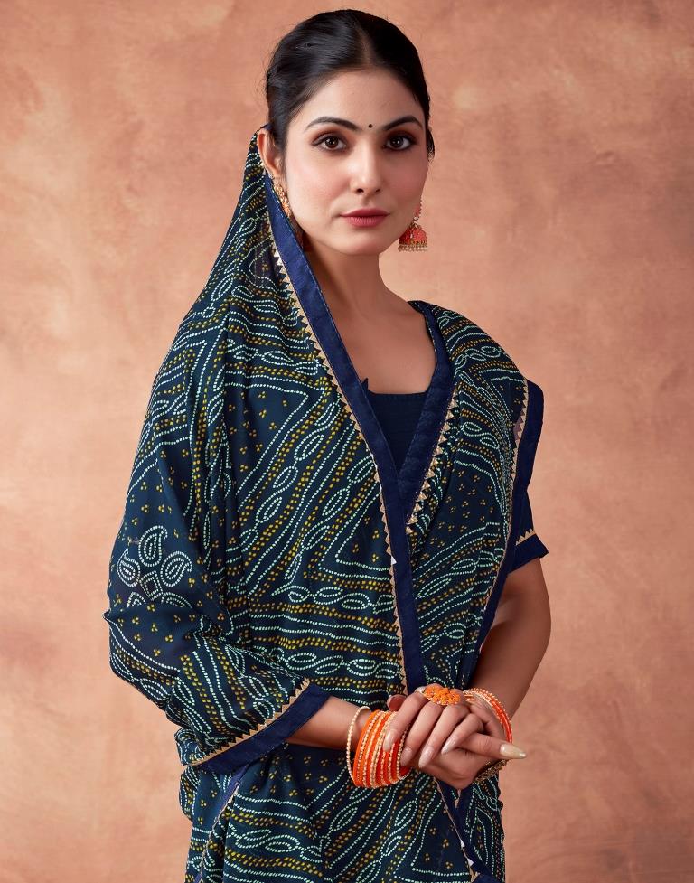 Navy Blue Georgette Printed Saree