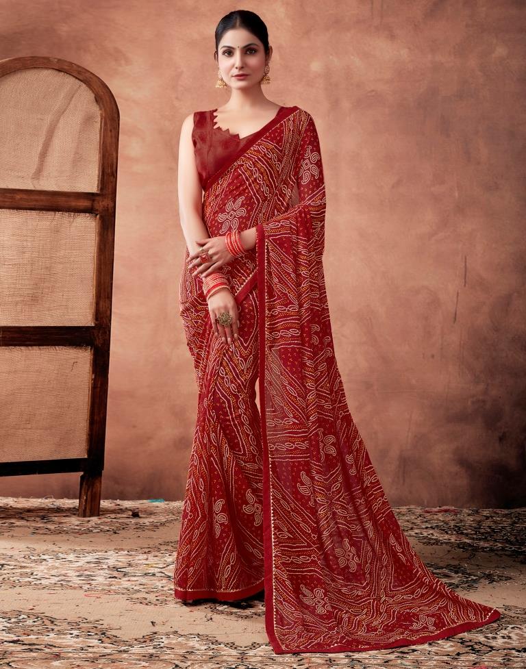 Dark Red Georgette Printed Saree