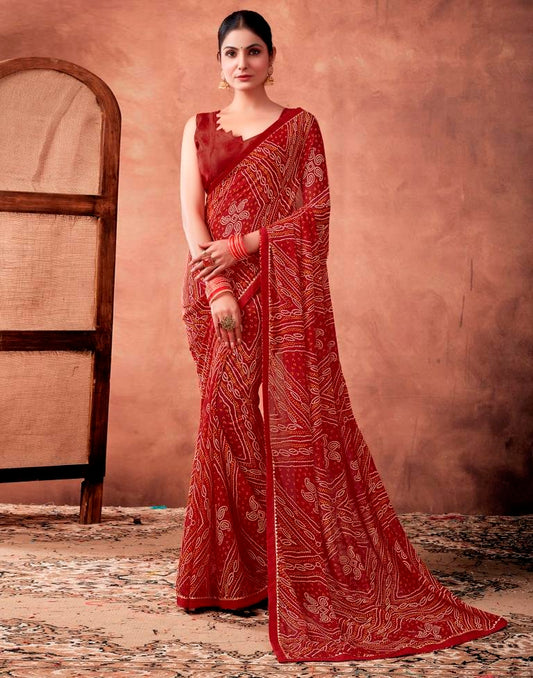 Dark Red Georgette Printed Saree