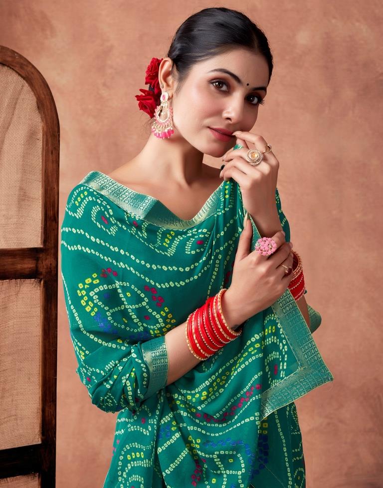 Teal Georgette Printed Saree