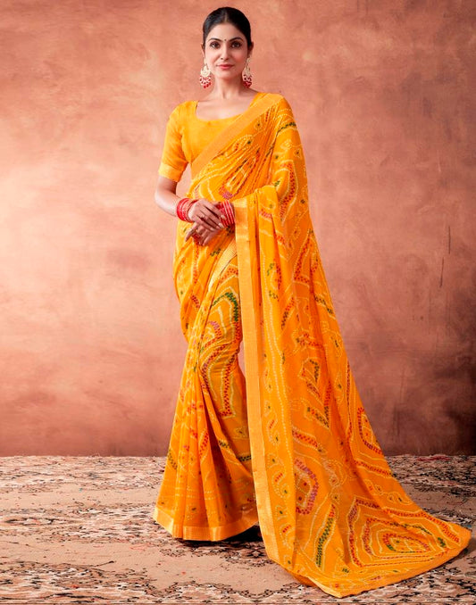 Yellow Georgette Printed Saree