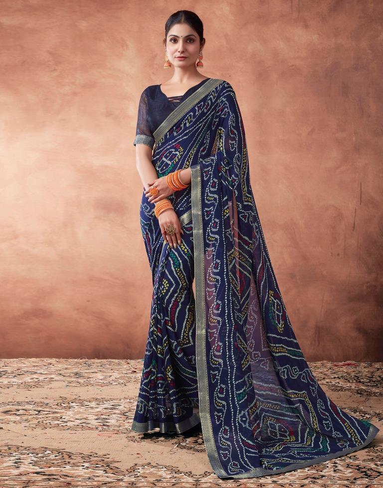 Navy Blue Georgette Printed Saree