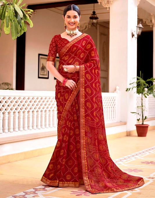 Red Chiffon Bandhani Saree