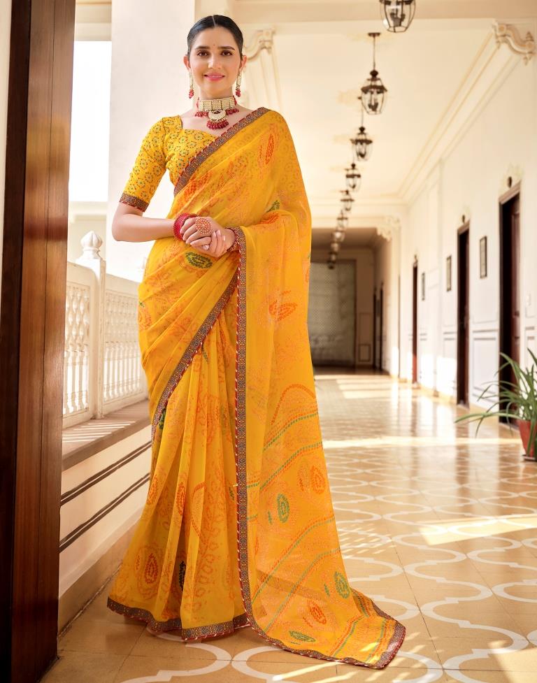 Yellow Chiffon Bandhani Saree