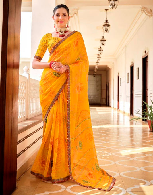 Yellow Chiffon Bandhani Saree