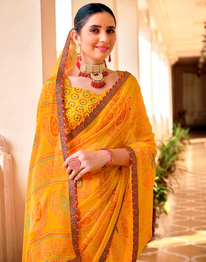 Yellow Chiffon Bandhani Saree