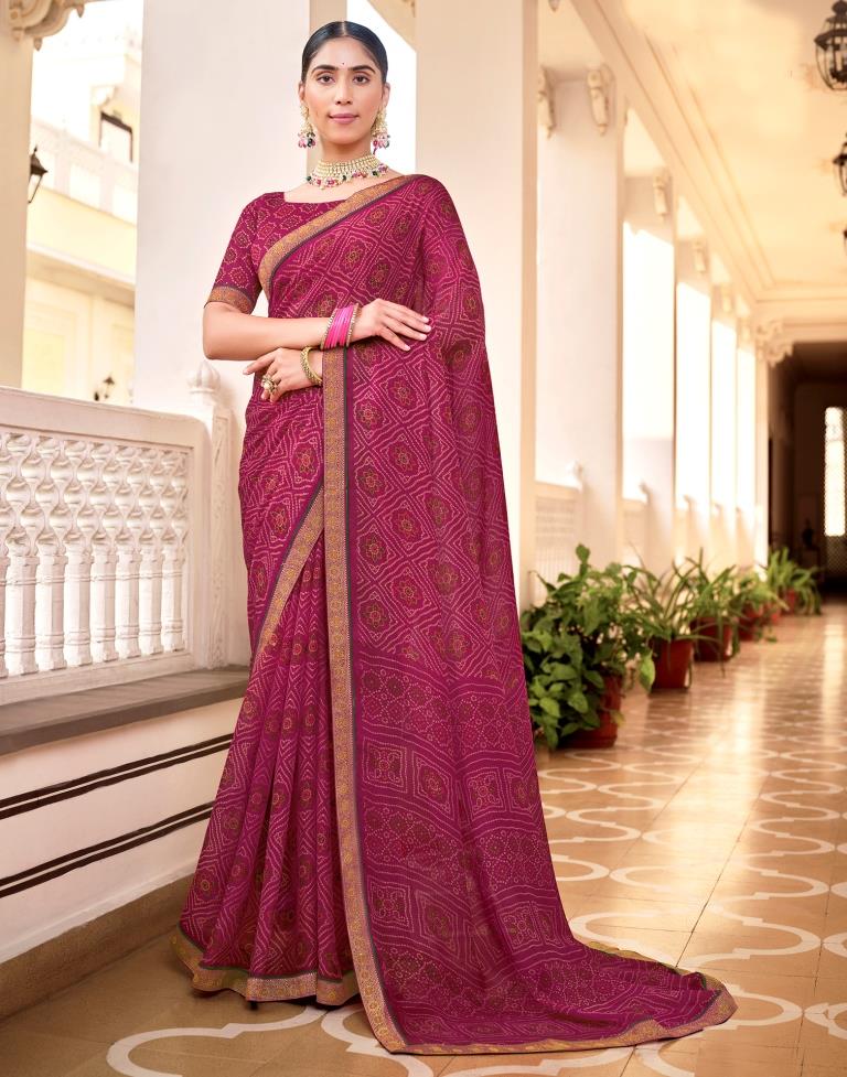 Dark Pink Chiffon Bandhani Saree