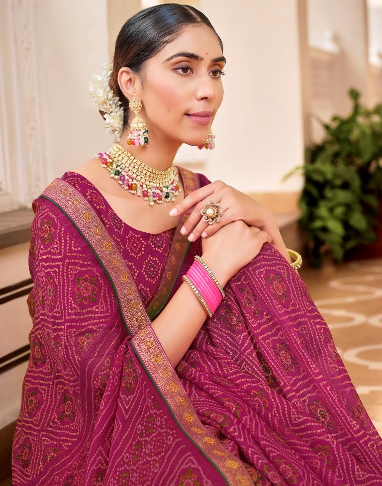Dark Pink Chiffon Bandhani Saree