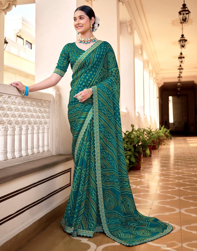 Turquoise Chiffon Bandhani Saree