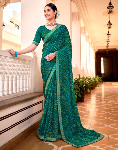 Turquoise Chiffon Bandhani Saree
