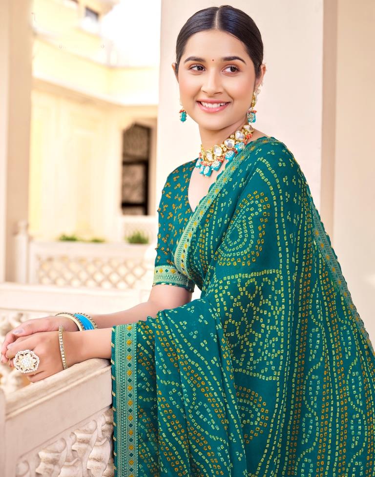Turquoise Chiffon Bandhani Saree
