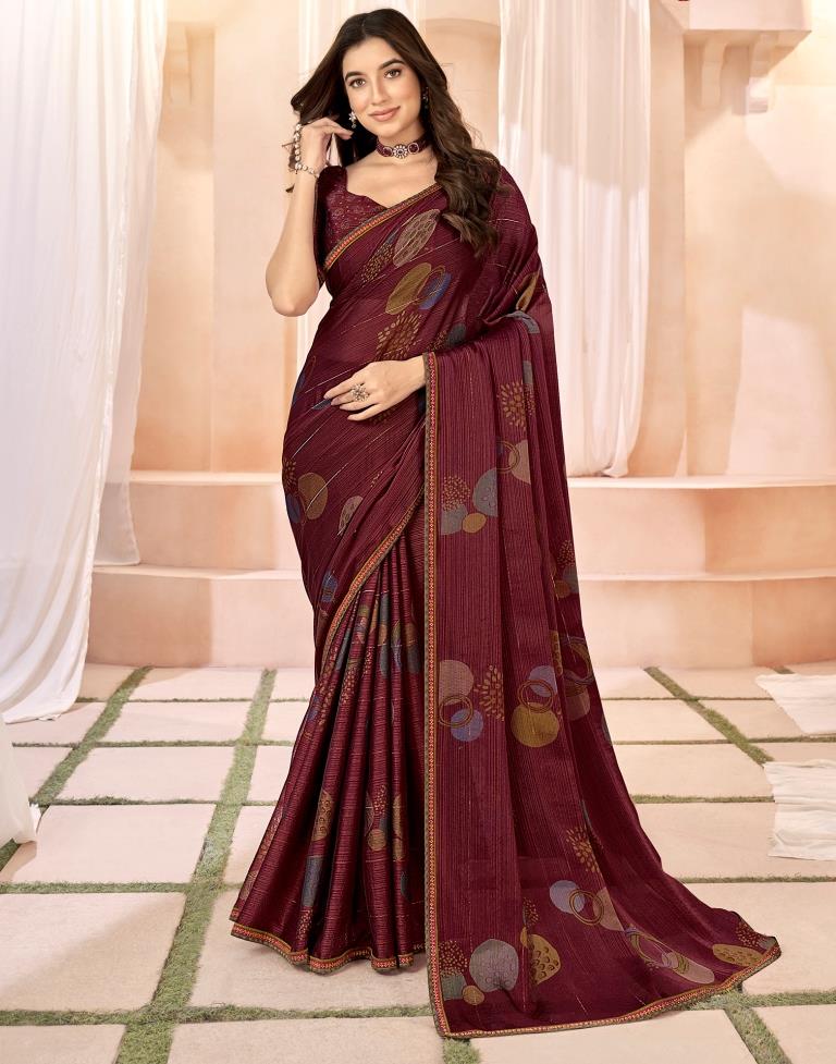 Wine Chiffon Printed Saree