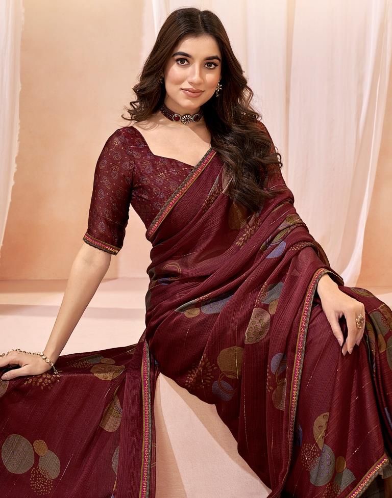 Wine Chiffon Printed Saree