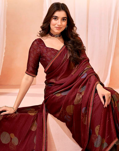 Wine Chiffon Printed Saree