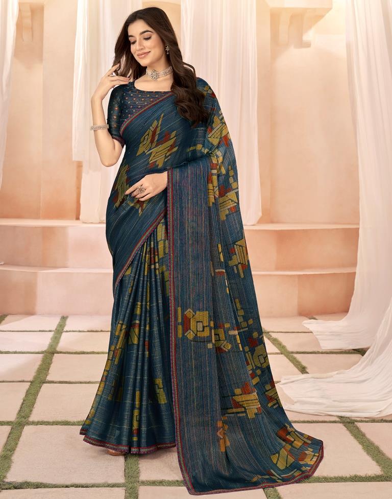 Rama Blue Chiffon Printed Saree