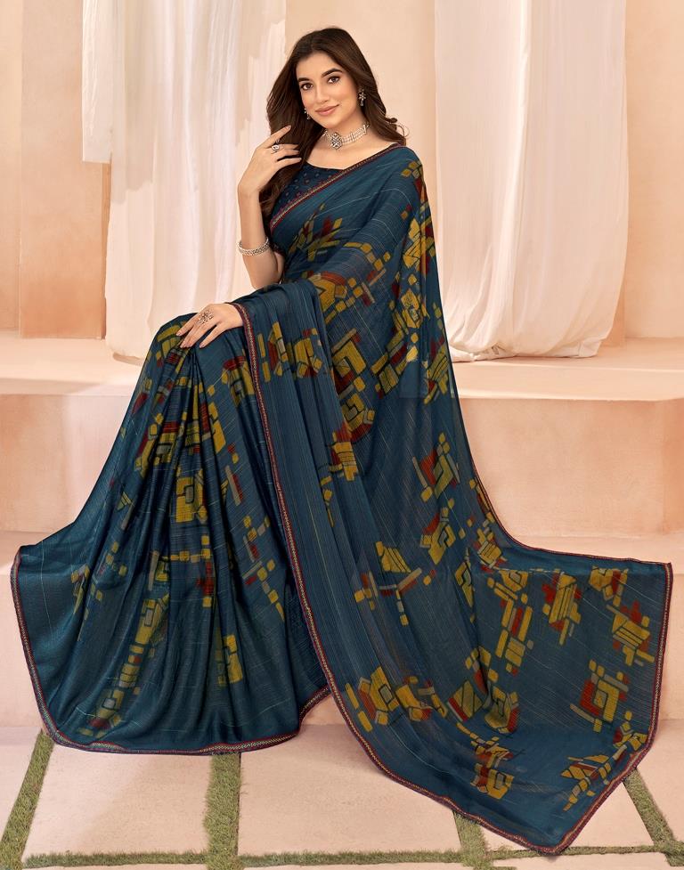 Rama Blue Chiffon Printed Saree