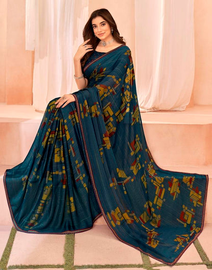 Rama Blue Chiffon Printed Saree