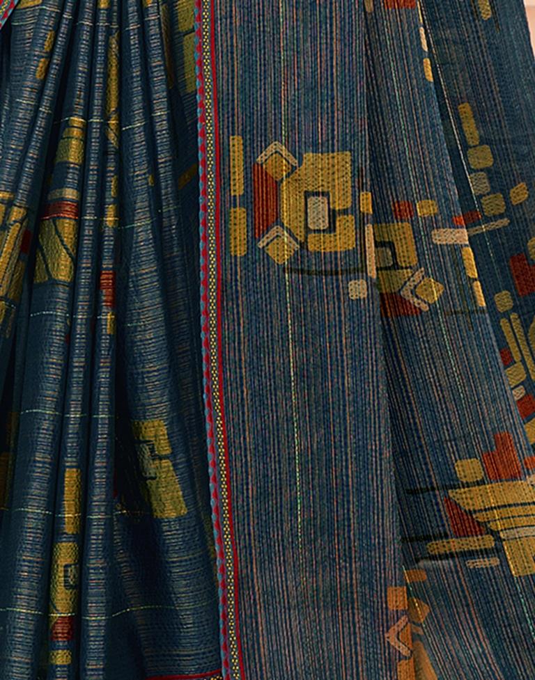 Rama Blue Chiffon Printed Saree