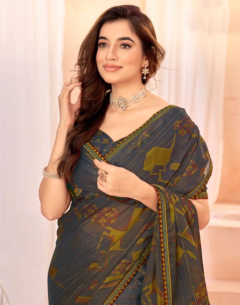 Royal Blue Chiffon Printed Saree