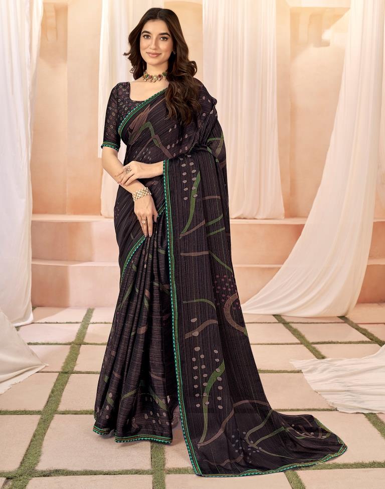 Navy Blue Chiffon Printed Saree
