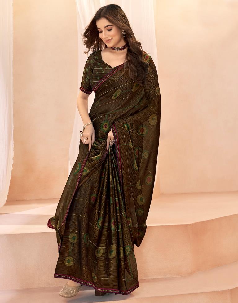 Brown Chiffon Printed Saree