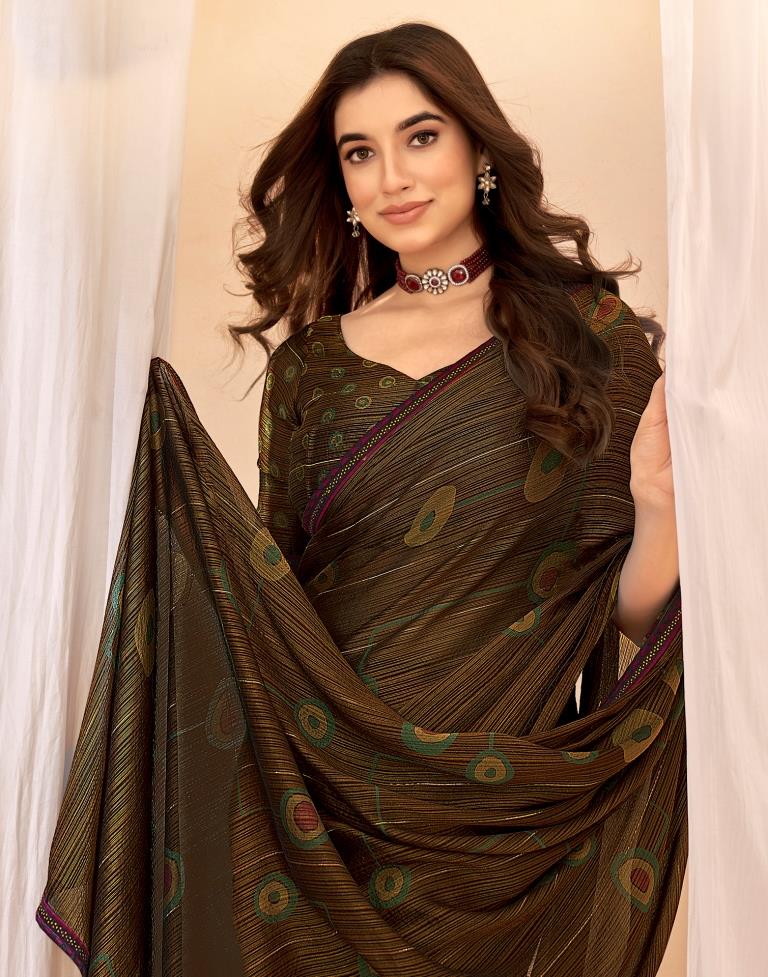 Brown Chiffon Printed Saree