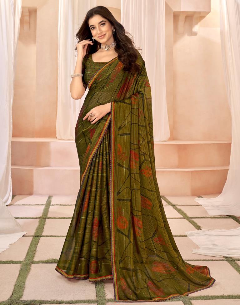 Moss Green Chiffon Printed Saree