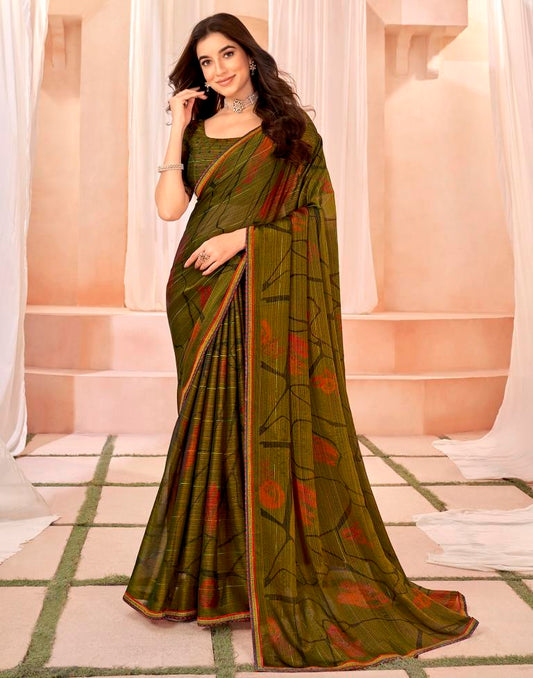 Moss Green Chiffon Printed Saree