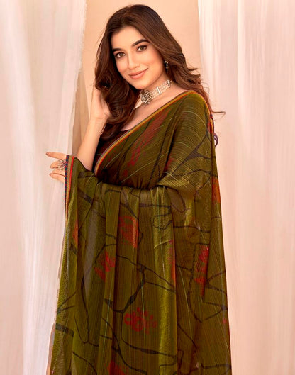 Moss Green Chiffon Printed Saree