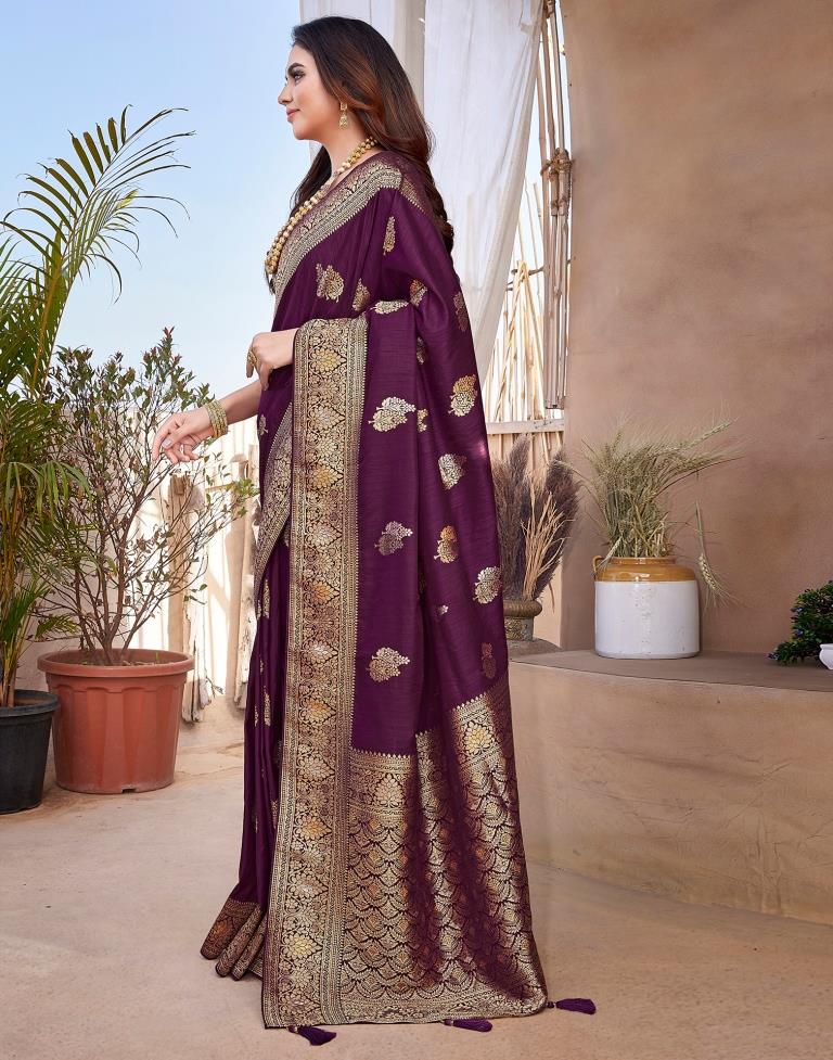 Wine Silk Woven Saree