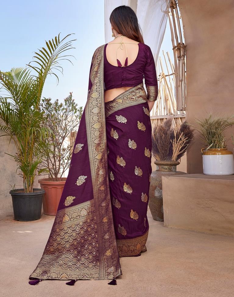 Wine Silk Woven Saree