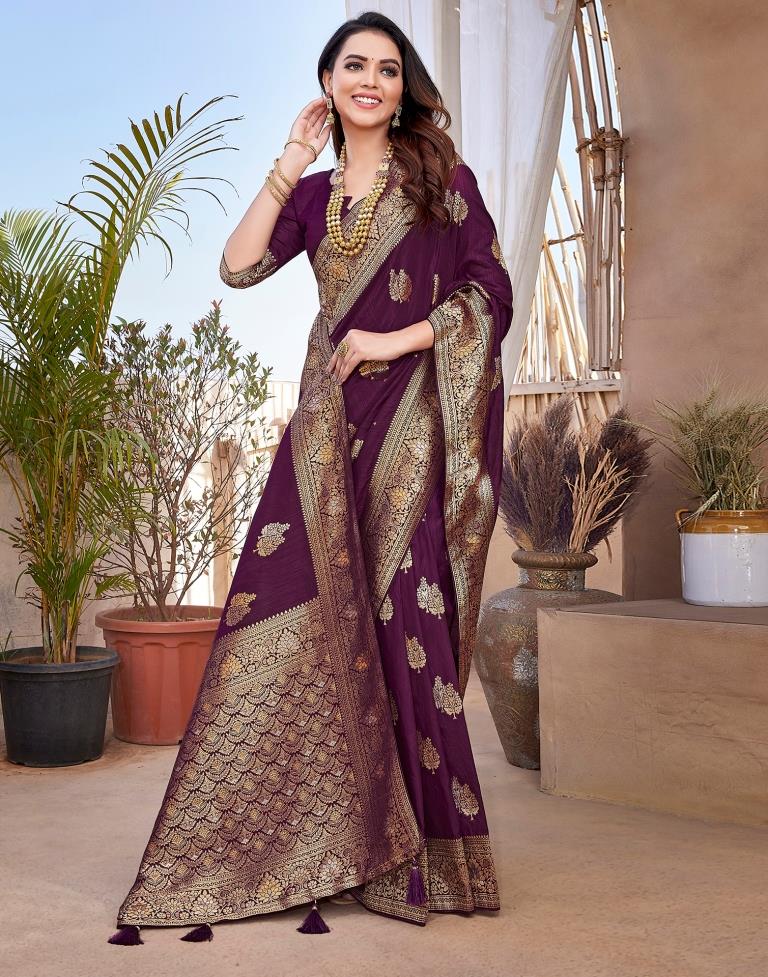 Wine Silk Woven Saree