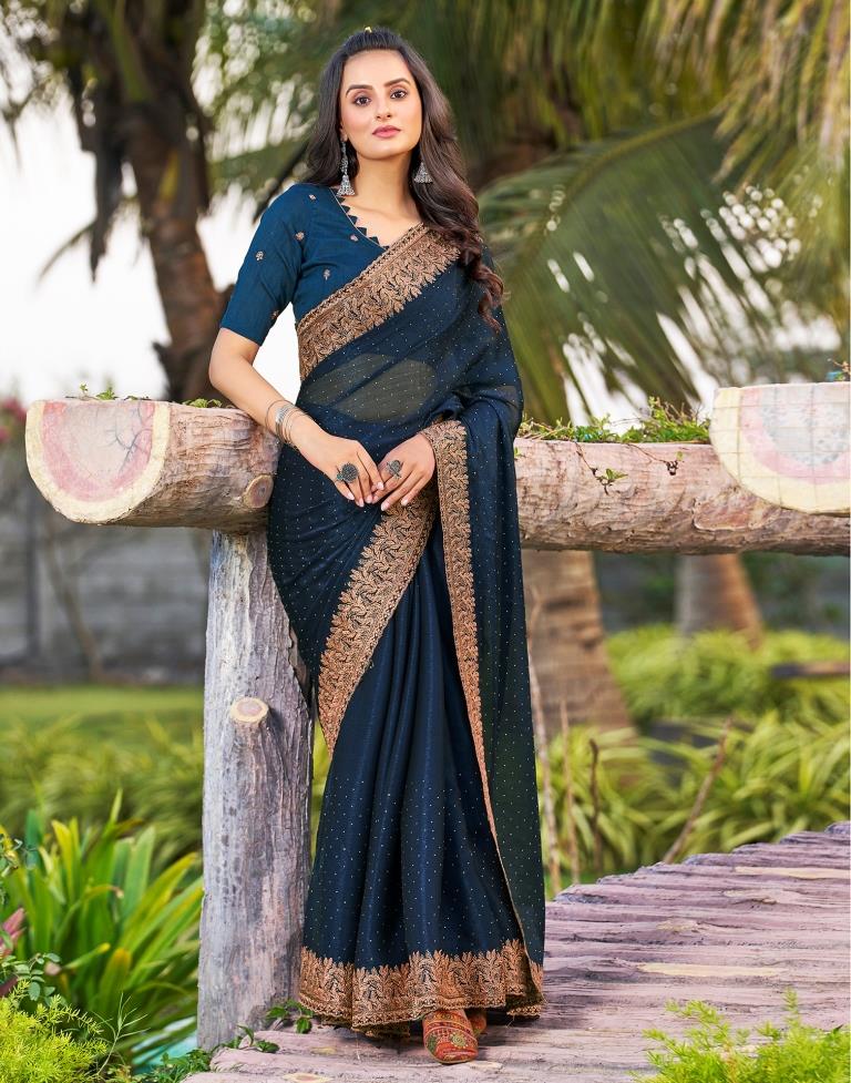 Sea Blue Chiffon Embroidery Saree