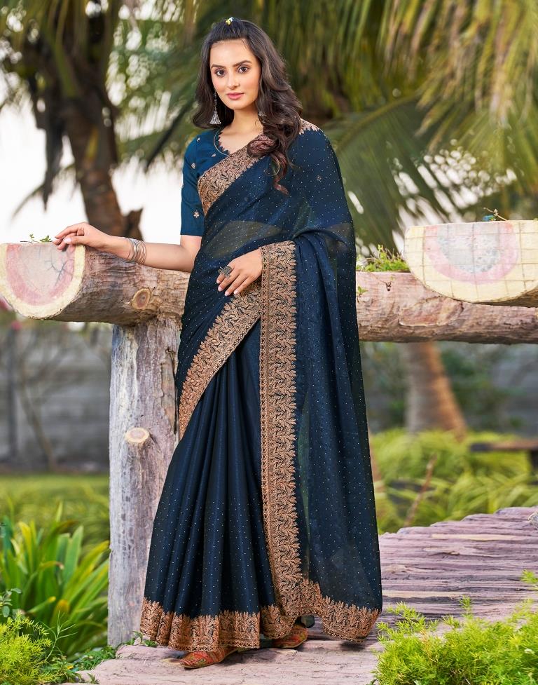 Sea Blue Chiffon Embroidery Saree