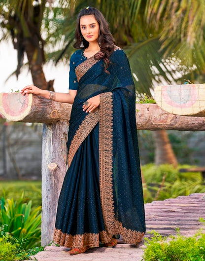 Sea Blue Chiffon Embroidery Saree