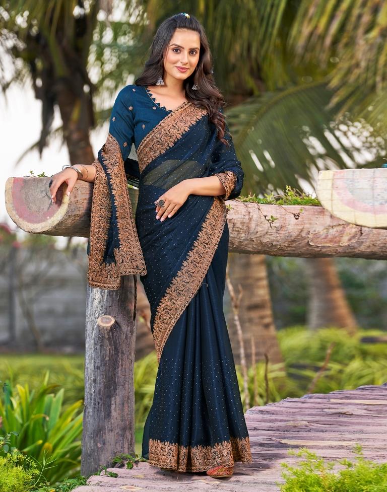 Sea Blue Chiffon Embroidery Saree