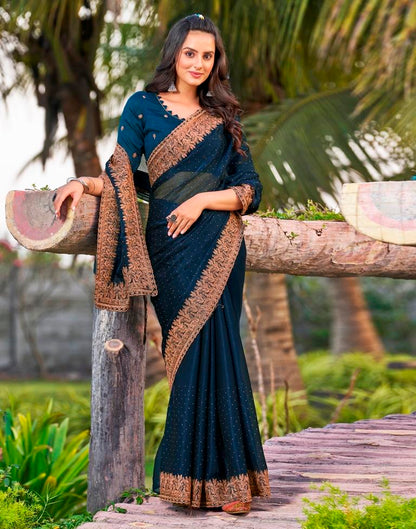Sea Blue Chiffon Embroidery Saree