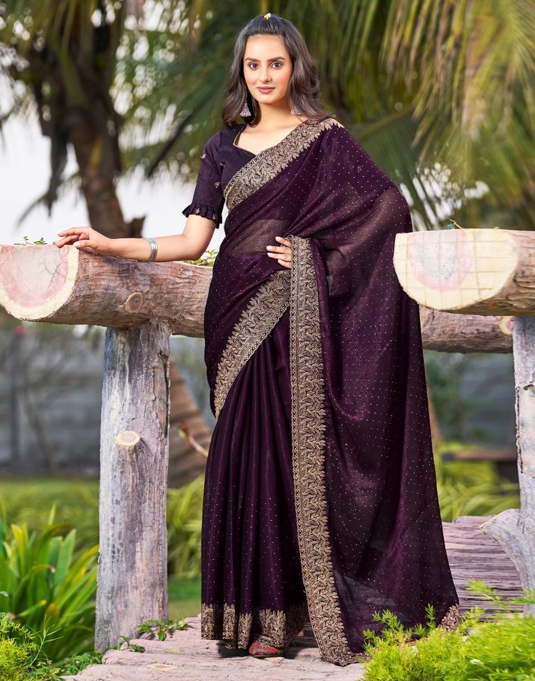 Wine Chiffon Embroidery Saree