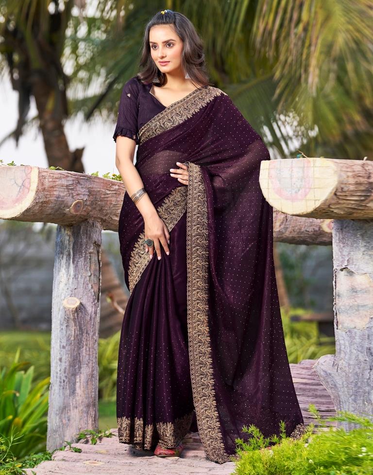 Wine Chiffon Embroidery Saree