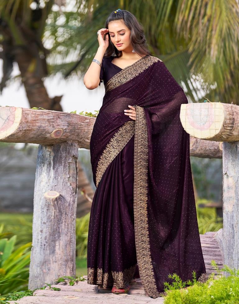 Wine Chiffon Embroidery Saree