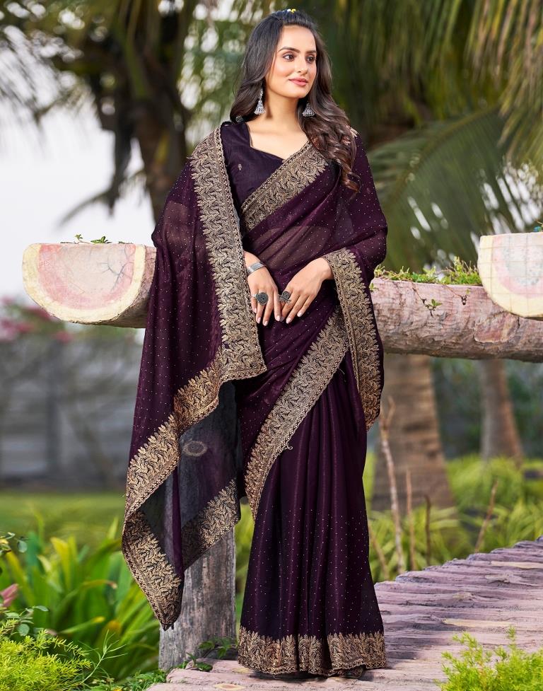 Wine Chiffon Embroidery Saree