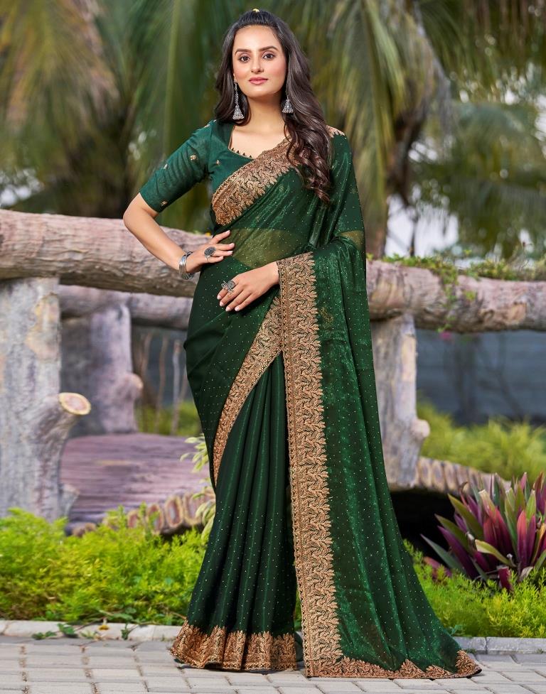 Bottle Green Chiffon Embroidery Saree