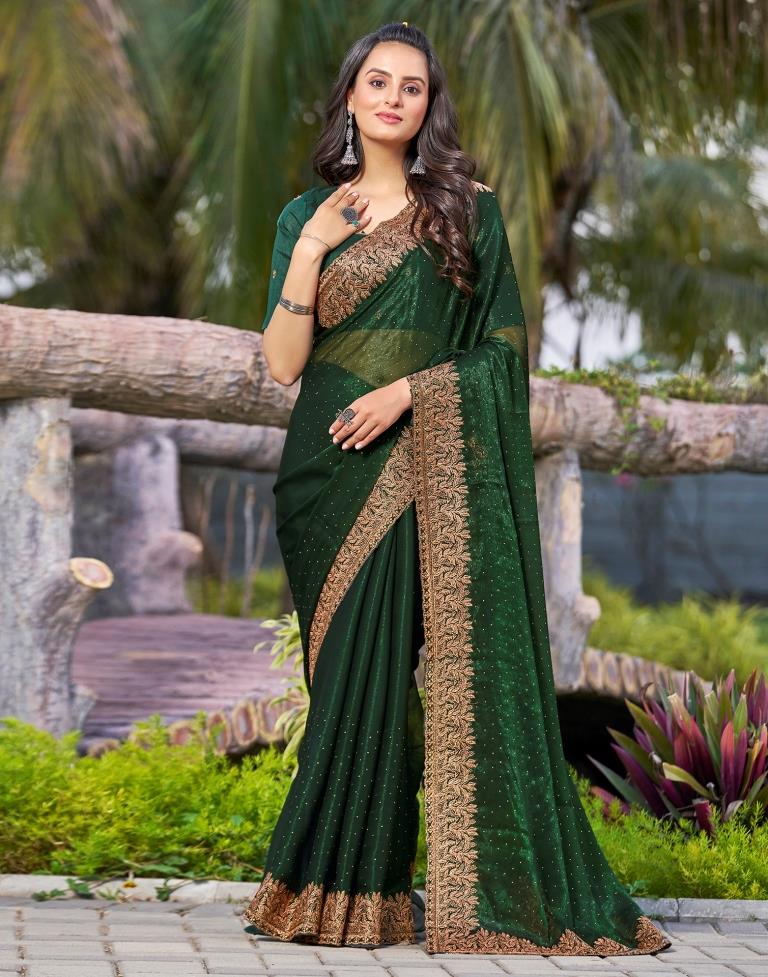 Bottle Green Chiffon Embroidery Saree