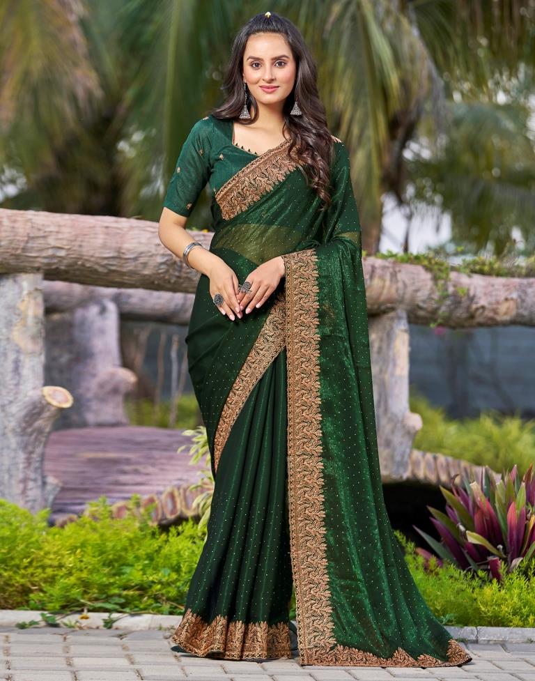 Bottle Green Chiffon Embroidery Saree