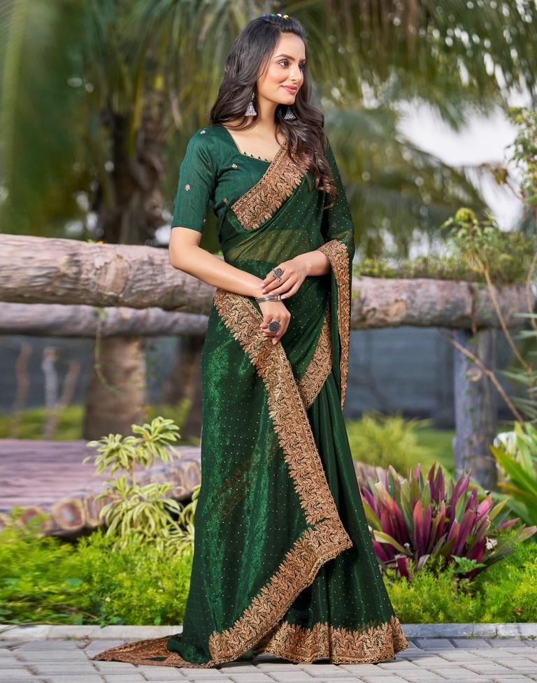 Bottle Green Chiffon Embroidery Saree