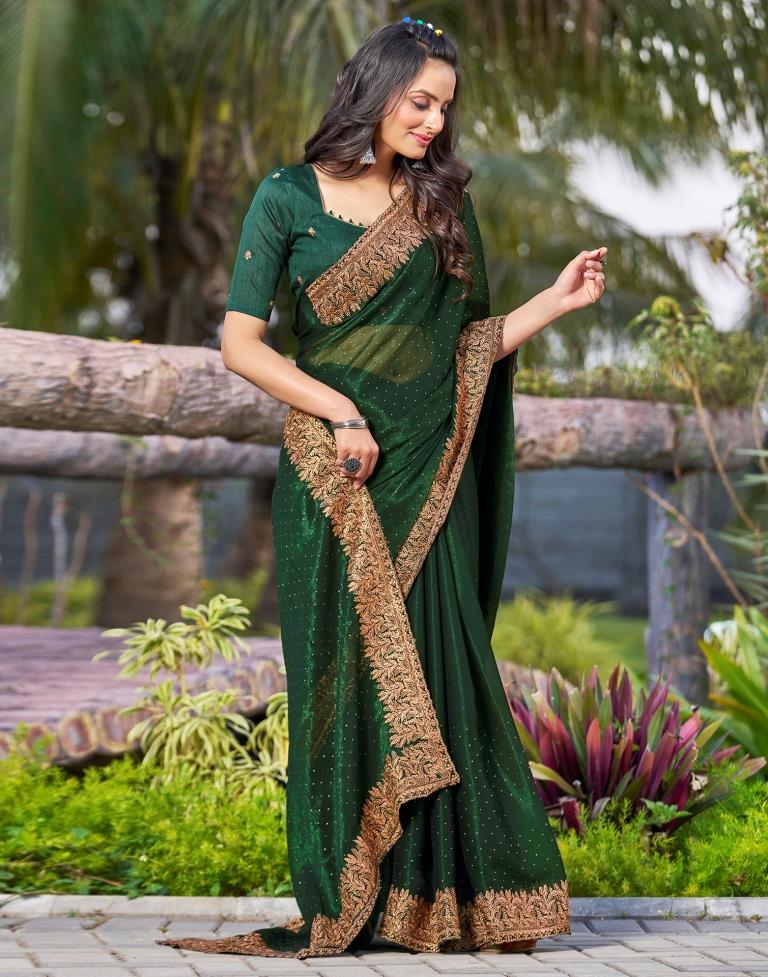 Bottle Green Chiffon Embroidery Saree
