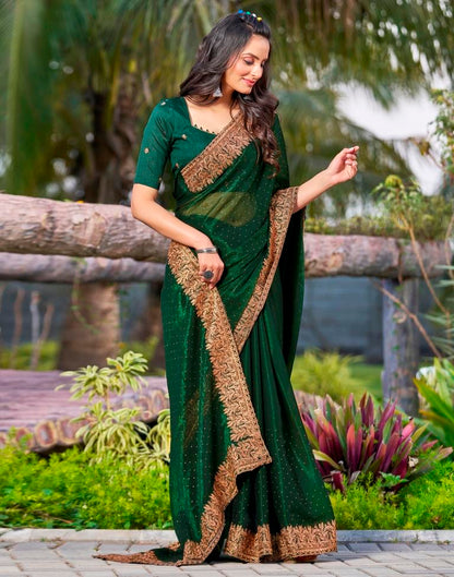 Bottle Green Chiffon Embroidery Saree