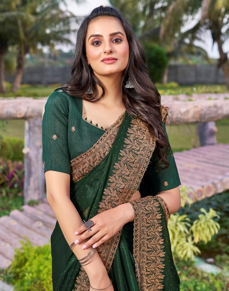 Bottle Green Chiffon Embroidery Saree