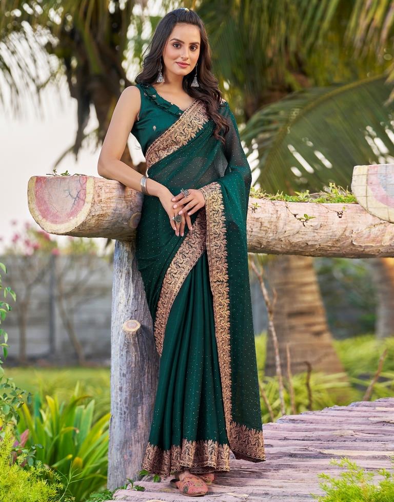Rama Green Chiffon Embroidery Saree