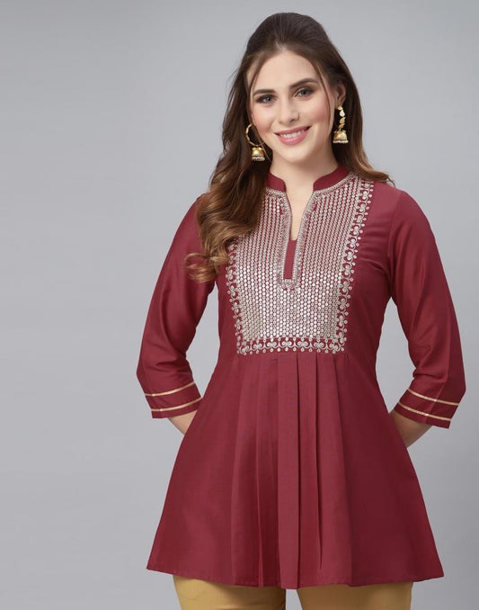 Maroon Embroidered Tunic Top | Leemboodi